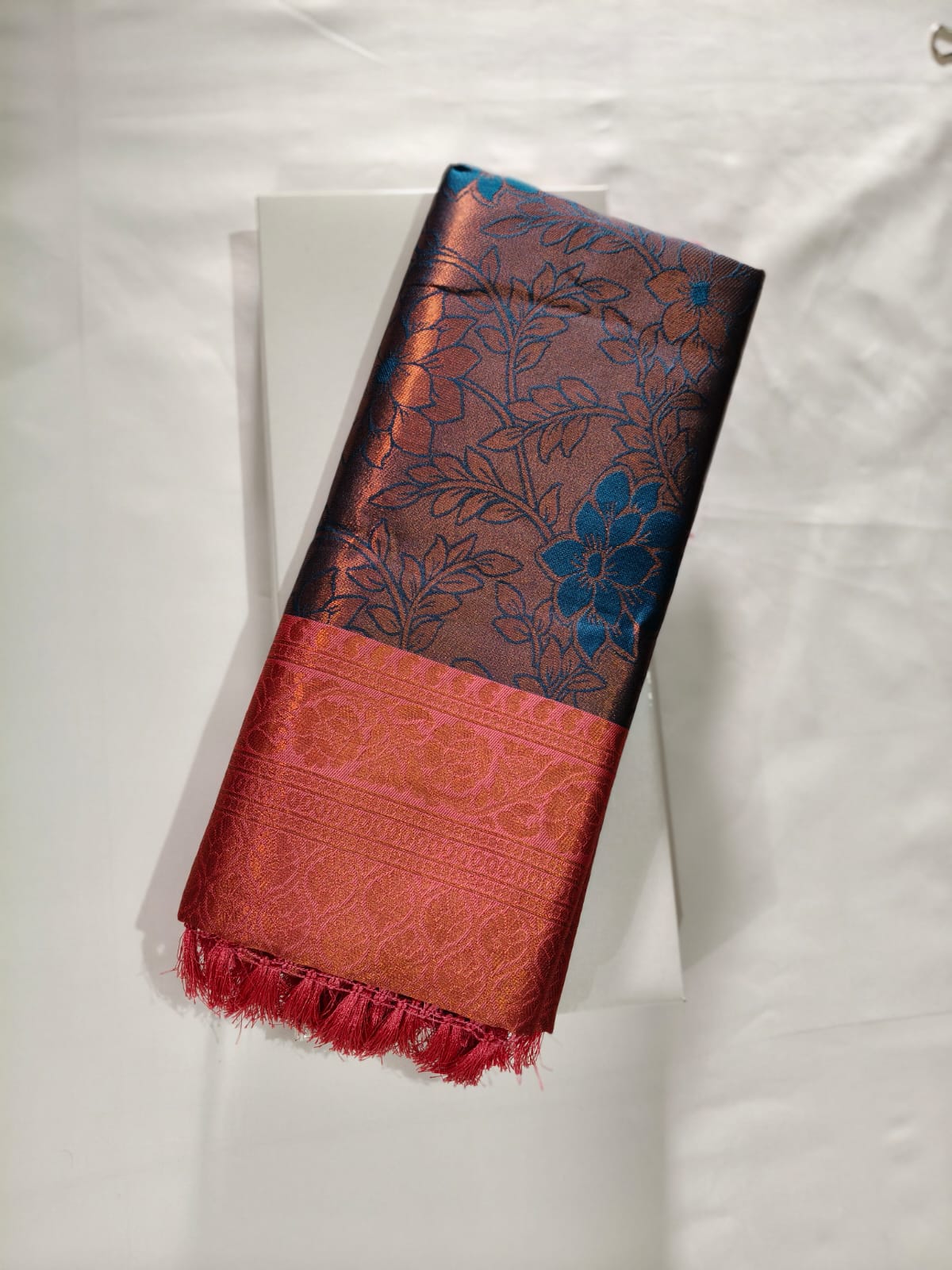 Dual Tone Blue Kasturi Silk with a Contrast Copper Red Border