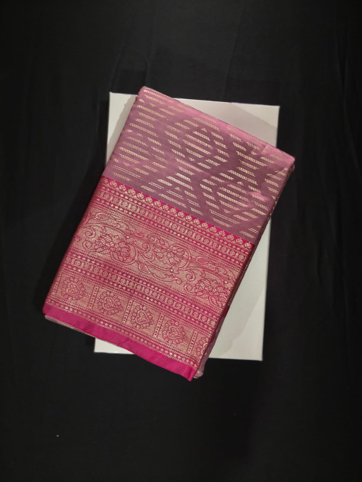 Soft Lilac Pink Silk with Geometric Zari Weaving and a Grand, Contrast Magenta Brocade Border