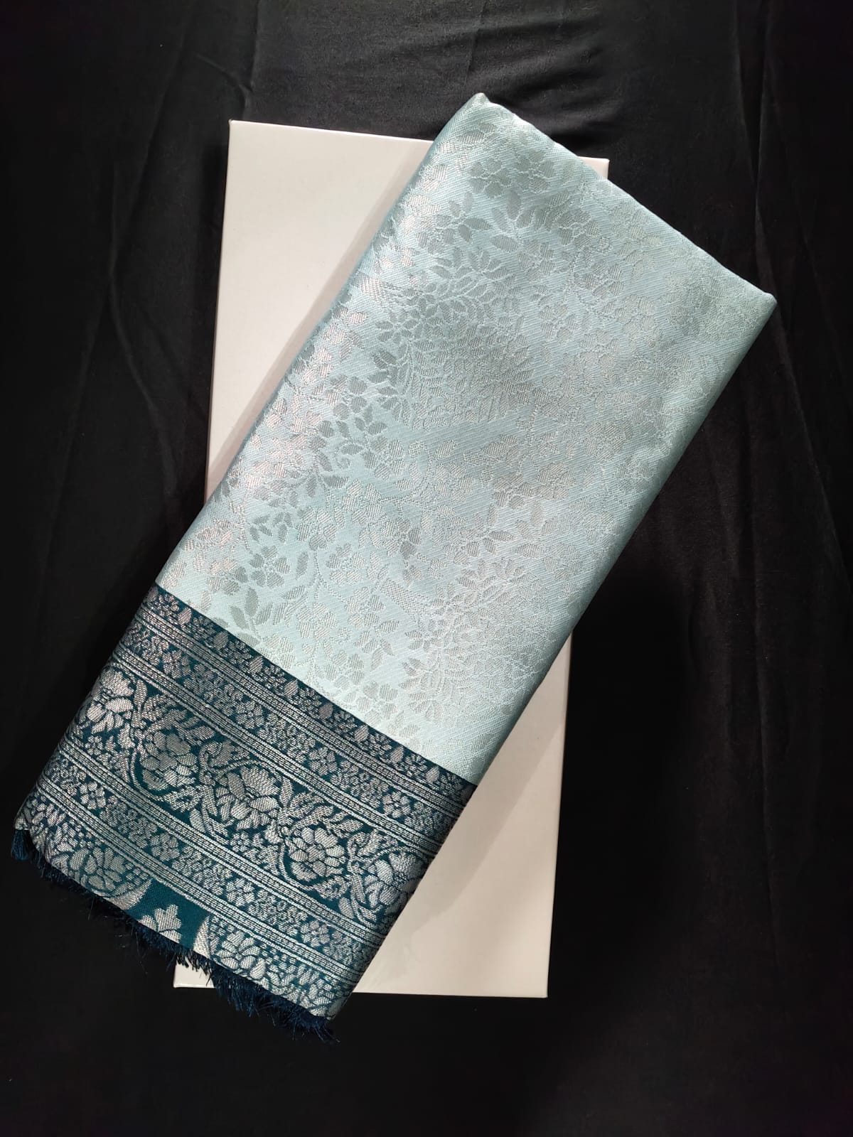 Soft Pistachio Blue Kasturi Silk with All-Over Silver Zari & a Deep Teal Brocade Border
