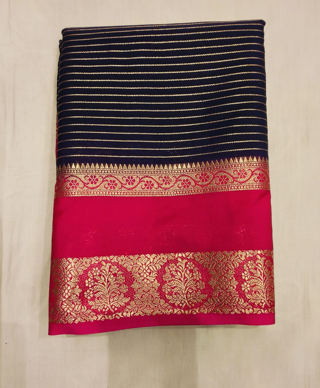 Navy Blue Mysore Silk with Pink Bentex border Original - Semi