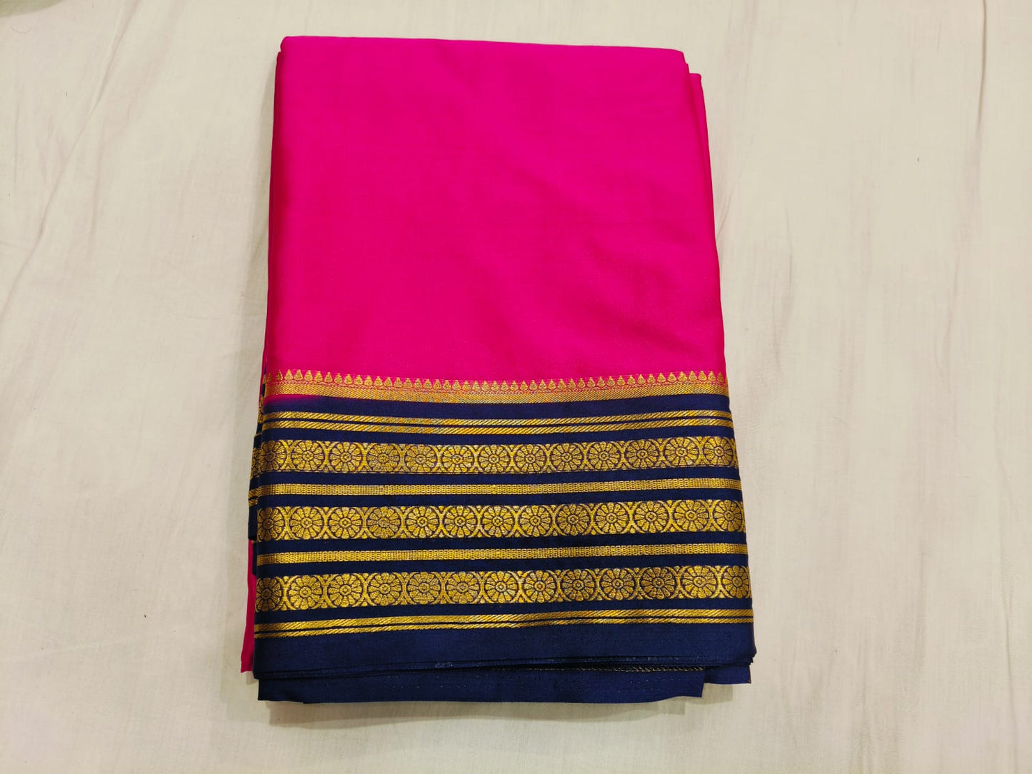 Rani Pink Mysore Silk with Navy Blue border Original - Semi