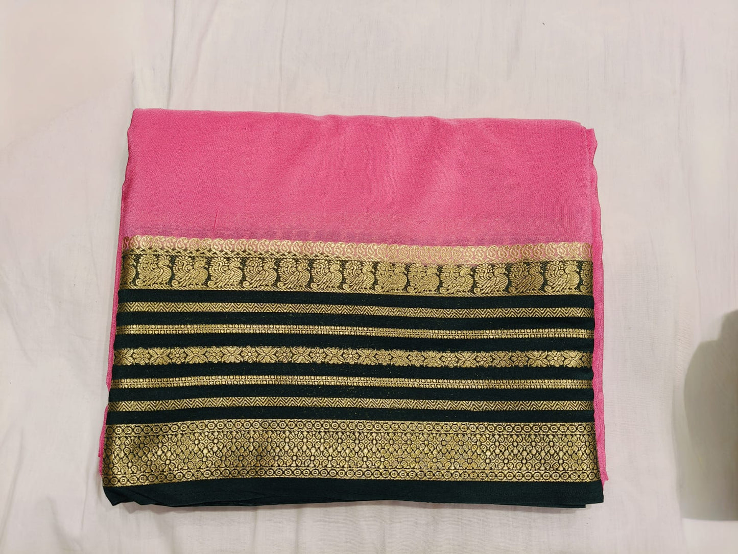 Pink Mysore Silk with Dark Green border Original - Semi