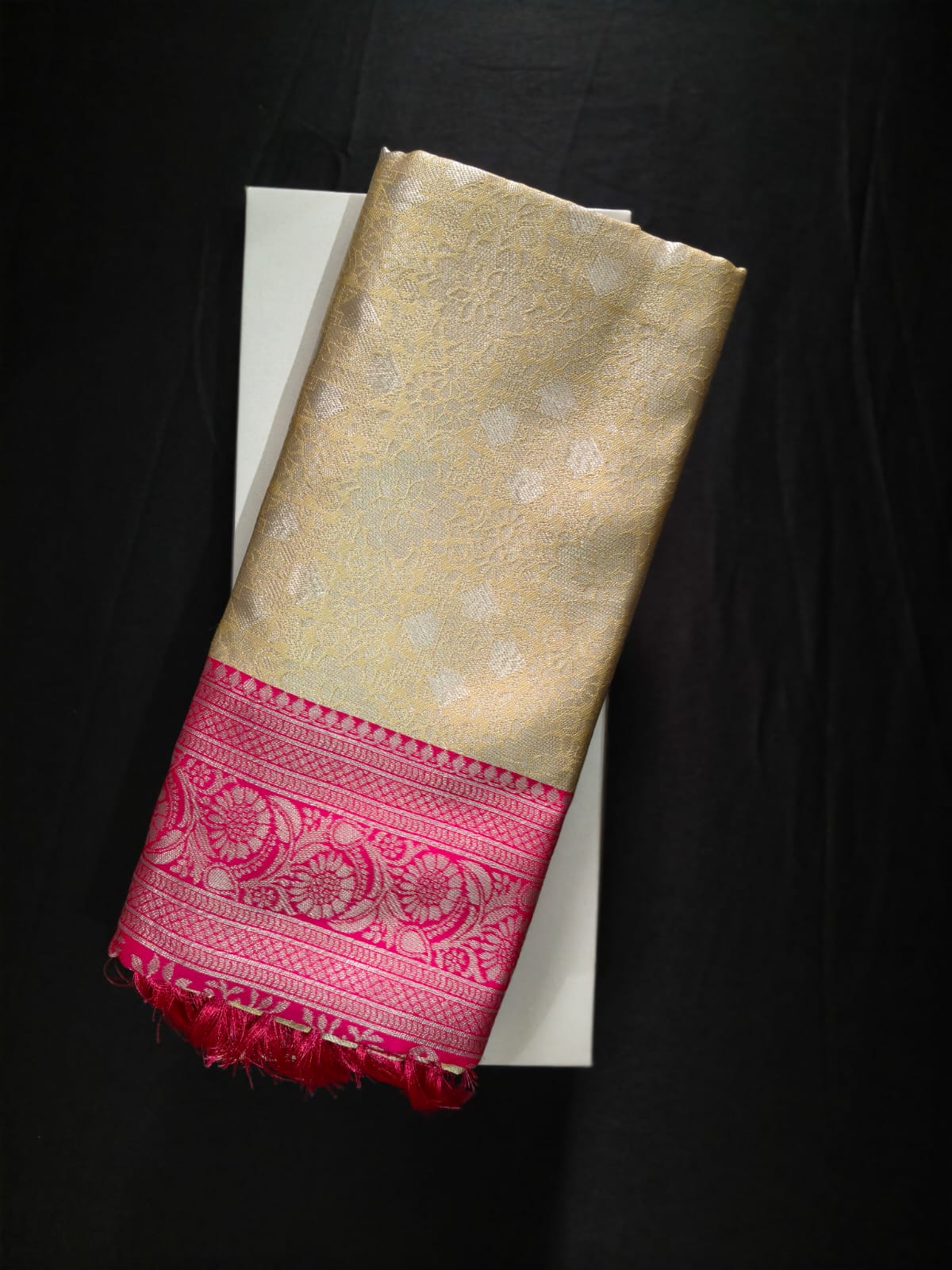 Cream Kasturi Silk with a Vibrant Rani Pink Border