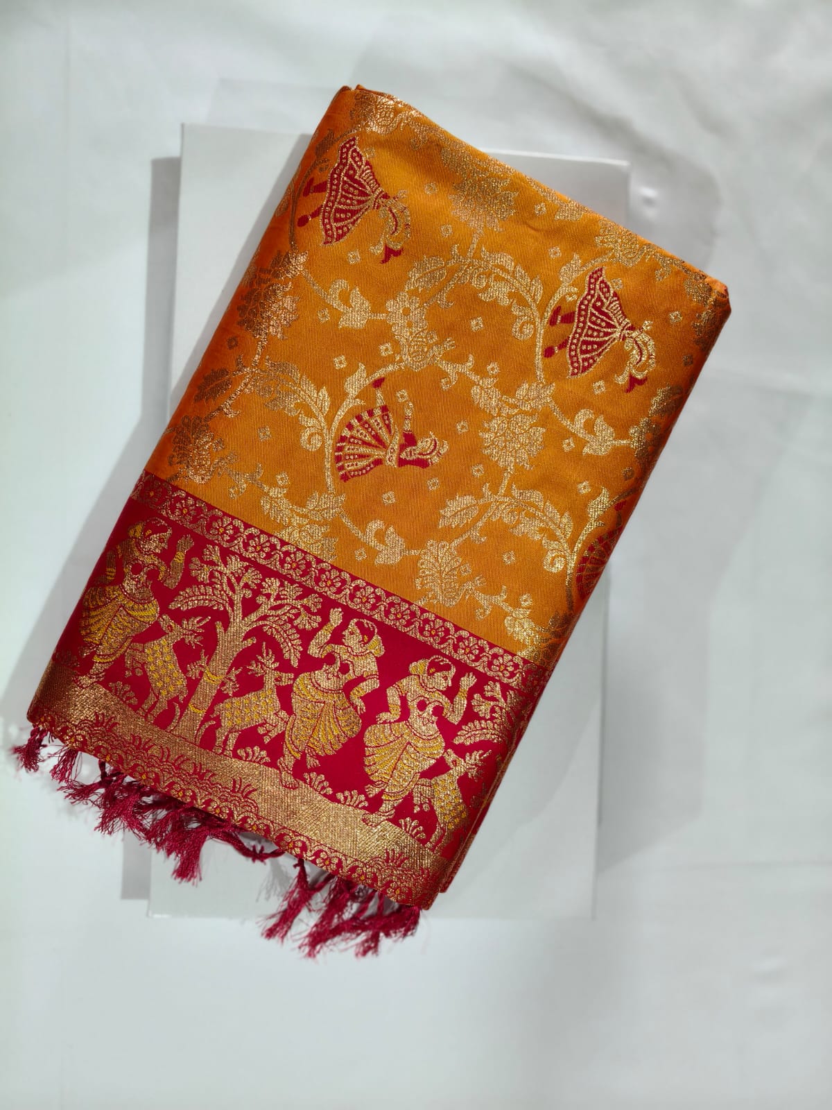 Golden Yellow Banarasi Silk with a Rich Pink Border and Traditional Zari Figurine Weaving