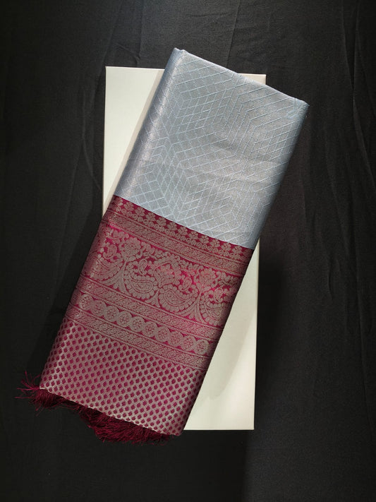 Silver Gray Kasturi Silk with a Deep Maroon Border