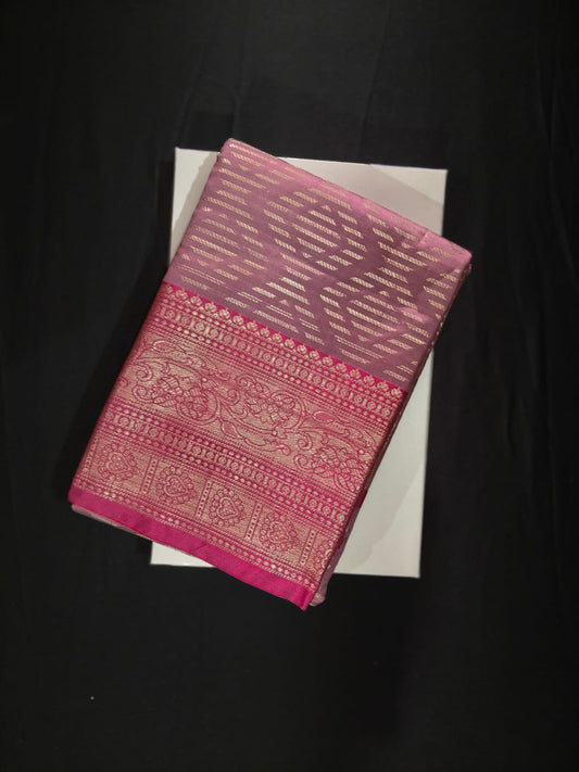 Soft Lilac Pink Silk with Geometric Zari Weaving and a Grand, Contrast Magenta Brocade Border