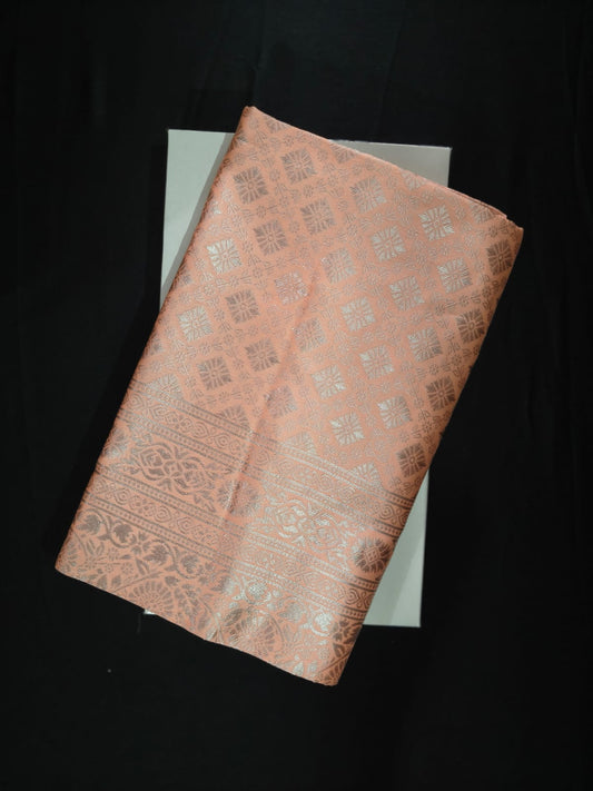 Soft Peach Silk with All-Over Geometric Silver Zari Weaving.