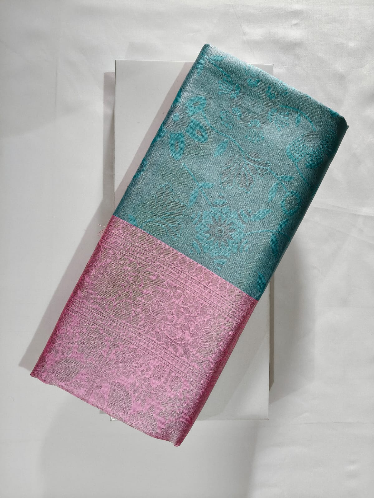 Teal Kasturi Silk with a Contrast Baby Pink Border
