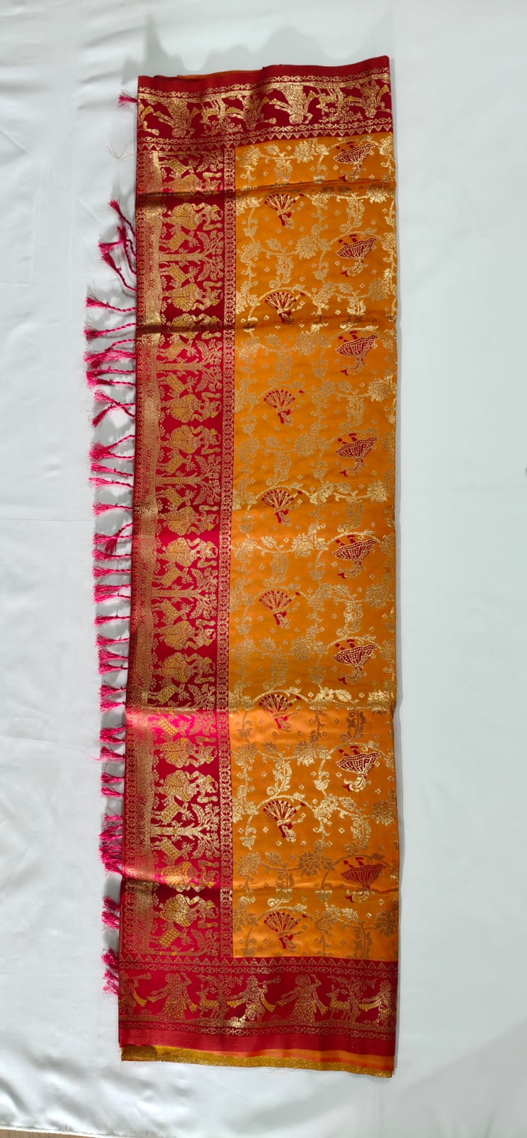 Golden Yellow Banarasi Silk with a Rich Pink Border and Traditional Zari Figurine Weaving