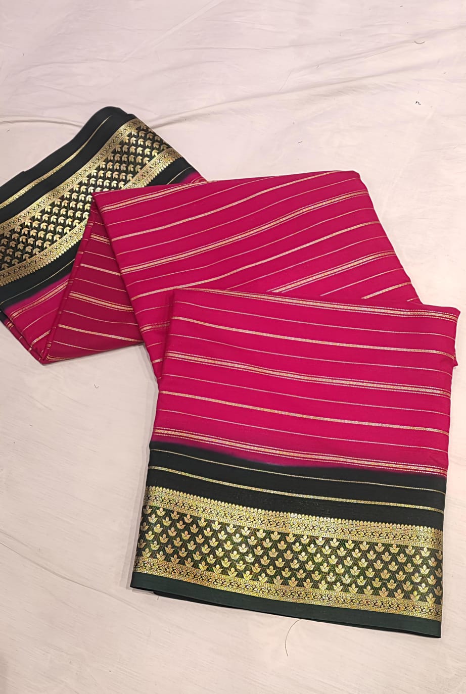 Pure Pink Mysore silk with Elegant Green Border Orginal -Semi