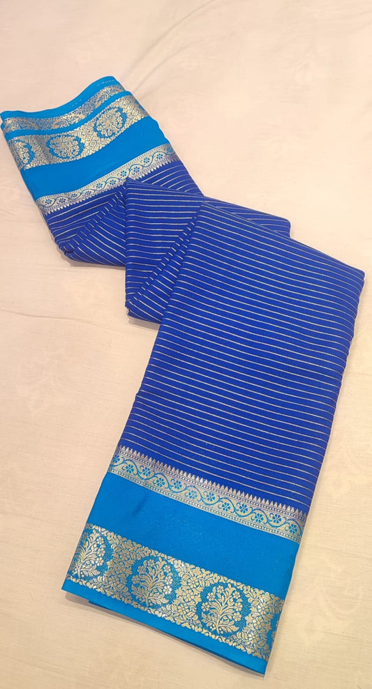 Pure Dual Blue Mysore Silk Crape With Bentex border Orginal - semi