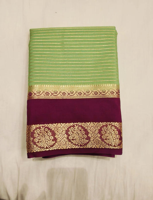 Pistachio Green Mysore Silk with Marron Bentex border Original - Semi
