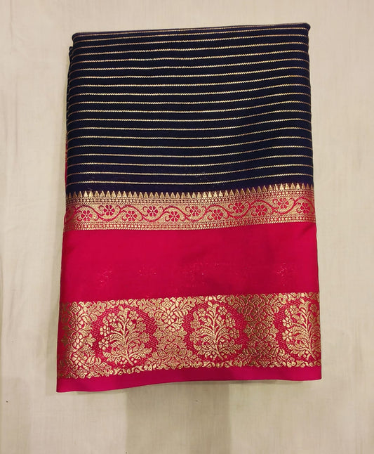 Navy Blue Mysore Silk with Pink Bentex border Original - Semi