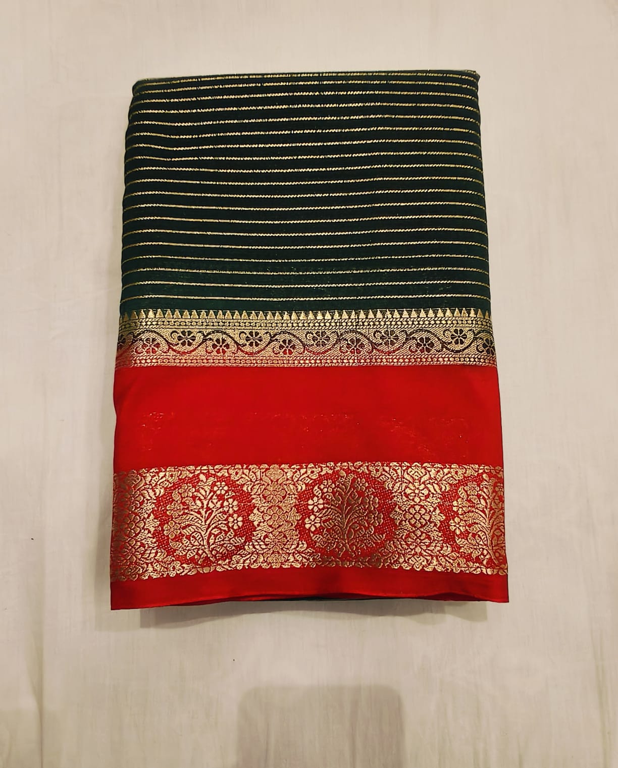 Green Mysore Silk with Red Bentex border Original - Semi