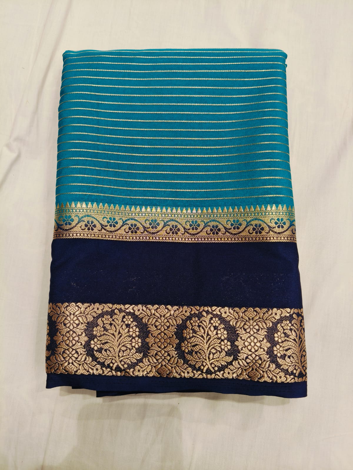 Teal Blue Mysore Silk with Navy Blue Bentex border Original - Semi