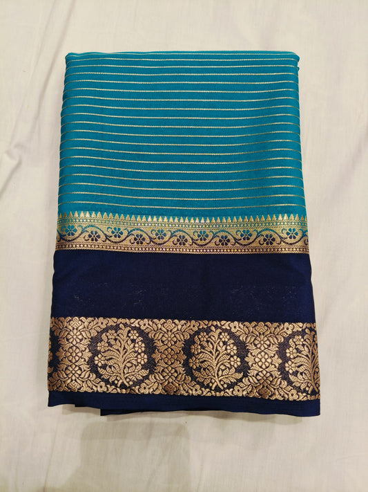 Teal Blue Mysore Silk with Navy Blue Bentex border Original - Semi