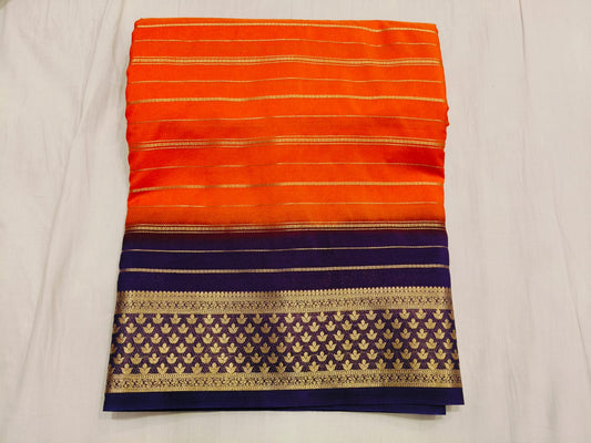 Orange Mysore Silk with Royal Blue border Original - Semi