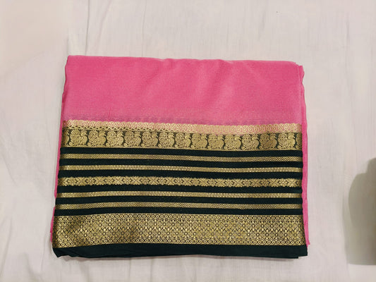 Pink Mysore Silk with Dark Green border Original - Semi